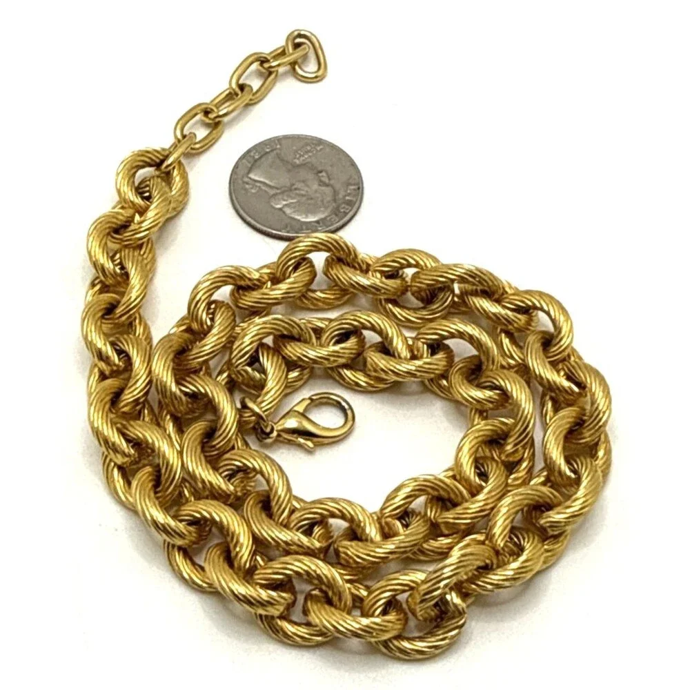 Heavy Gold Tone Textured Round Link Chain Choker Necklace Chunky 1980s Statement